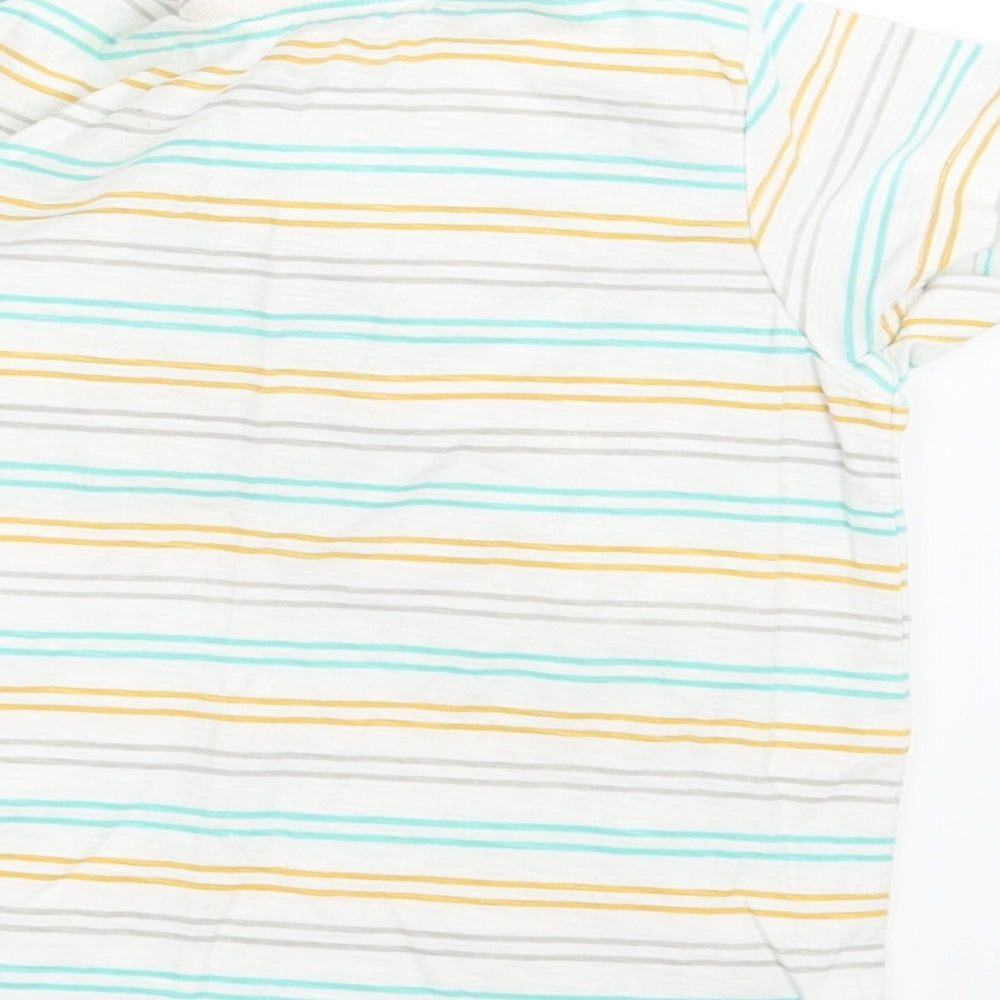 Brand and care label for Matalan boys’ white striped basic t-shirt, size 24, months
