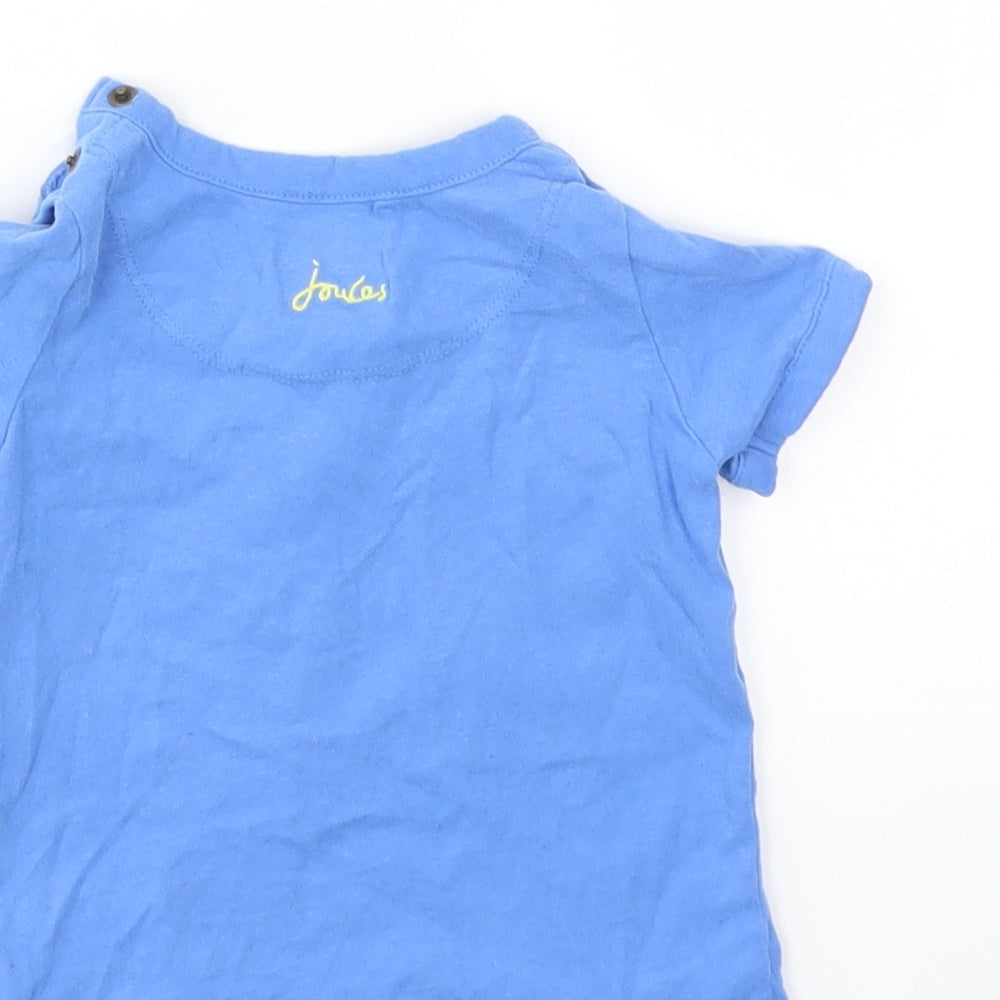 Brand and care label for jouels boys’ blue basic tank, size 6-9, months