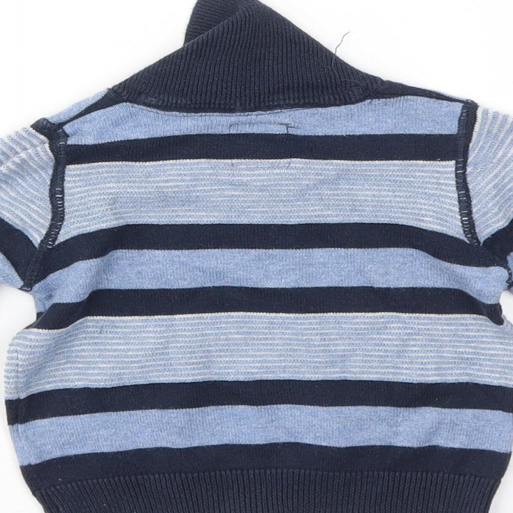 Brand and care label for Early Days boys’ blue striped jumper, size 0-3, months