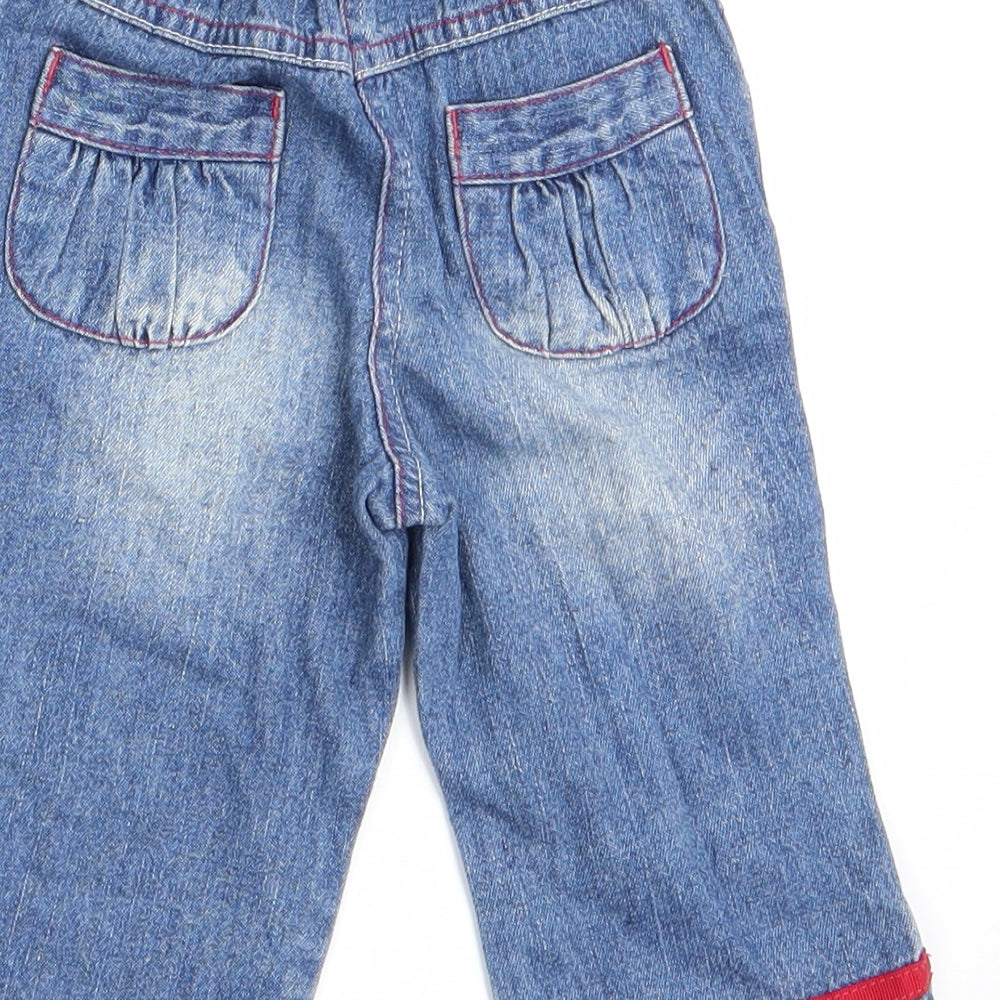Brand and care label for George girls’ blue cargo jeans, size 6-9, months - heart motif on lower leg