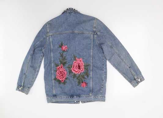 Primark Womens Blue Denim Jacket Size 6 - Rose Applique