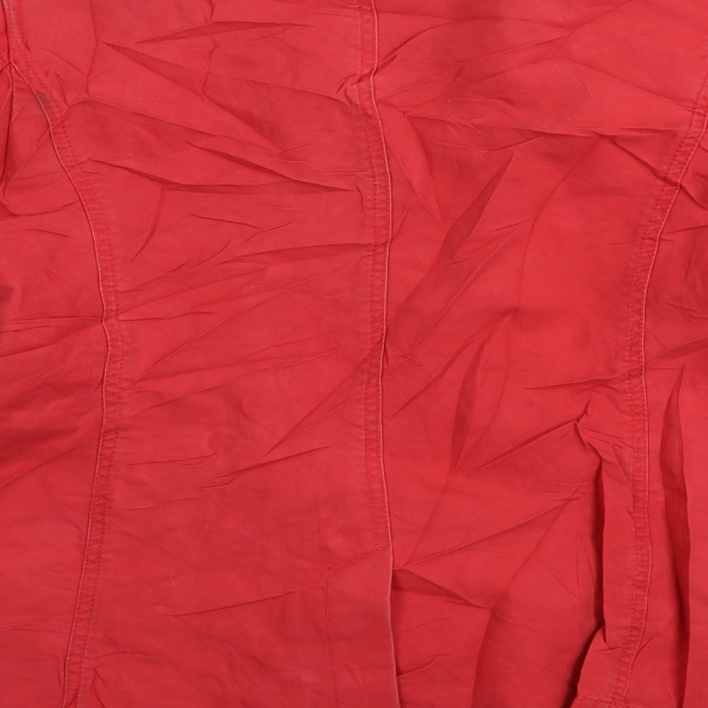 Brand and care label for French Connection women’s red jacket coat, size UK 10