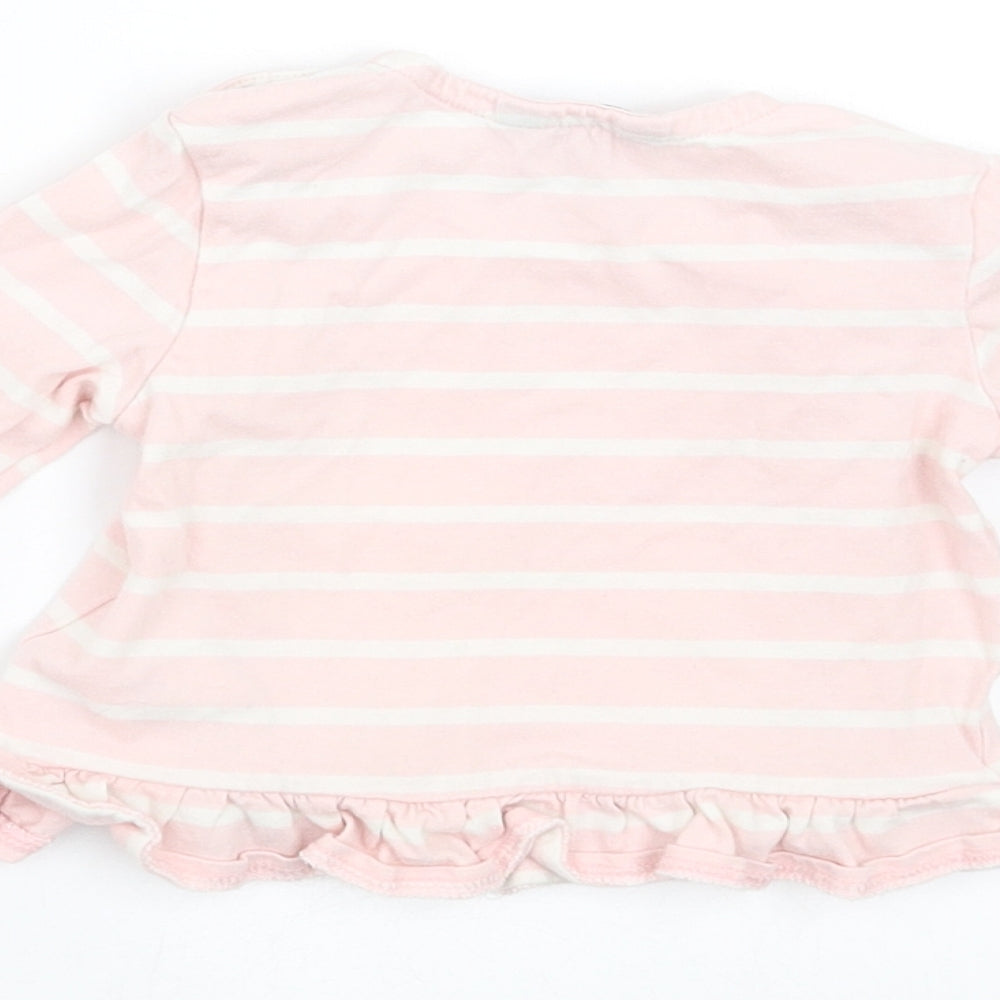 Brand and care label for Maine New England girls’ pink striped basic t-shirt, size 3-6, months