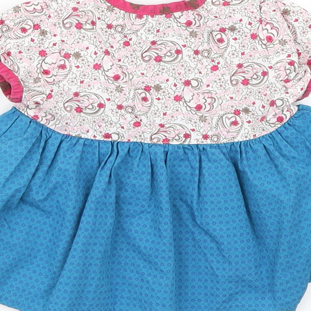 Brand and care label for mamas & papas girls’ blue floral skater dress, size 3-6, months