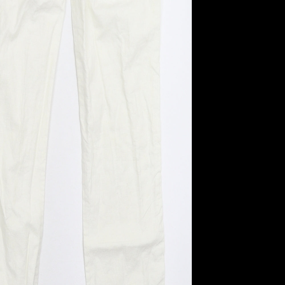 Brand and care label for Denim & Co. women’s white trousers, size UK 28, in, 30-inch leg