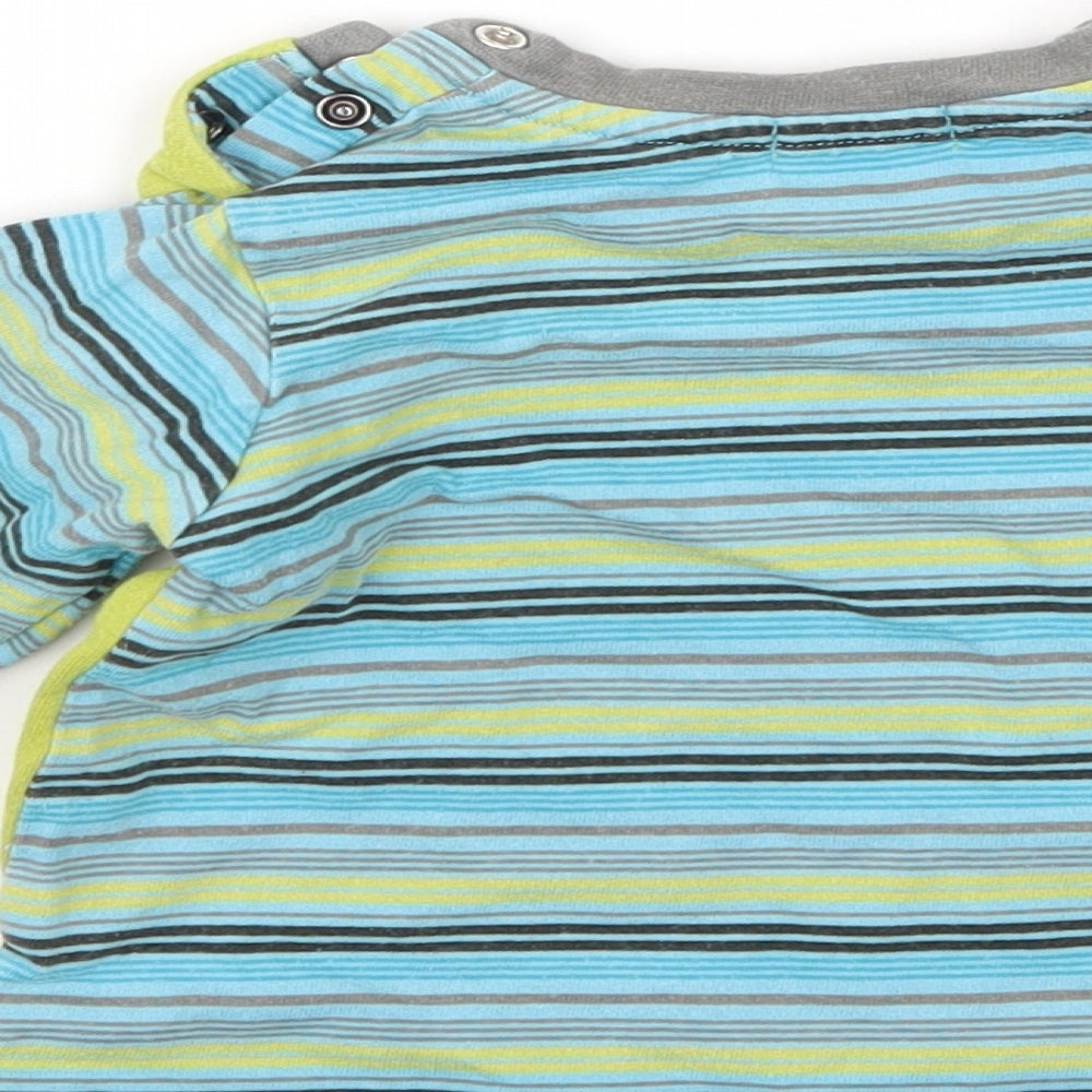 Brand and care label for Petit Lem boys’ green striped basic t-shirt, size 18-24, months