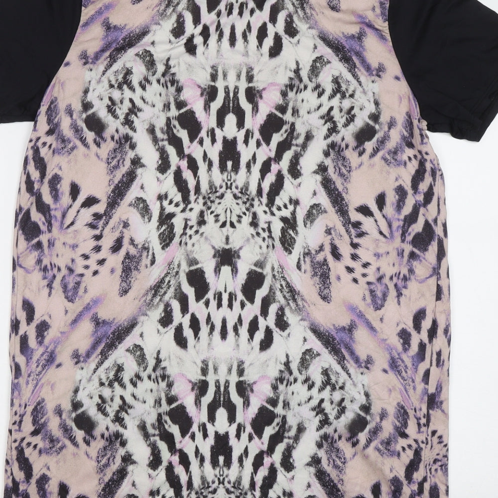 Brand and care label for Miss Selfridge women’s purple animal print basic blouse, size UK 8