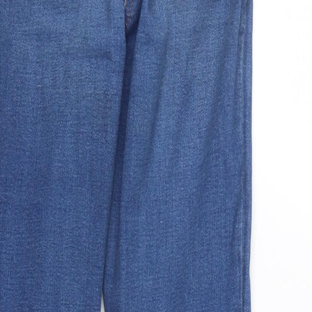 Brand and care label for /denim women’s blue denim tapered jeans, size UK 8, 29-inch leg