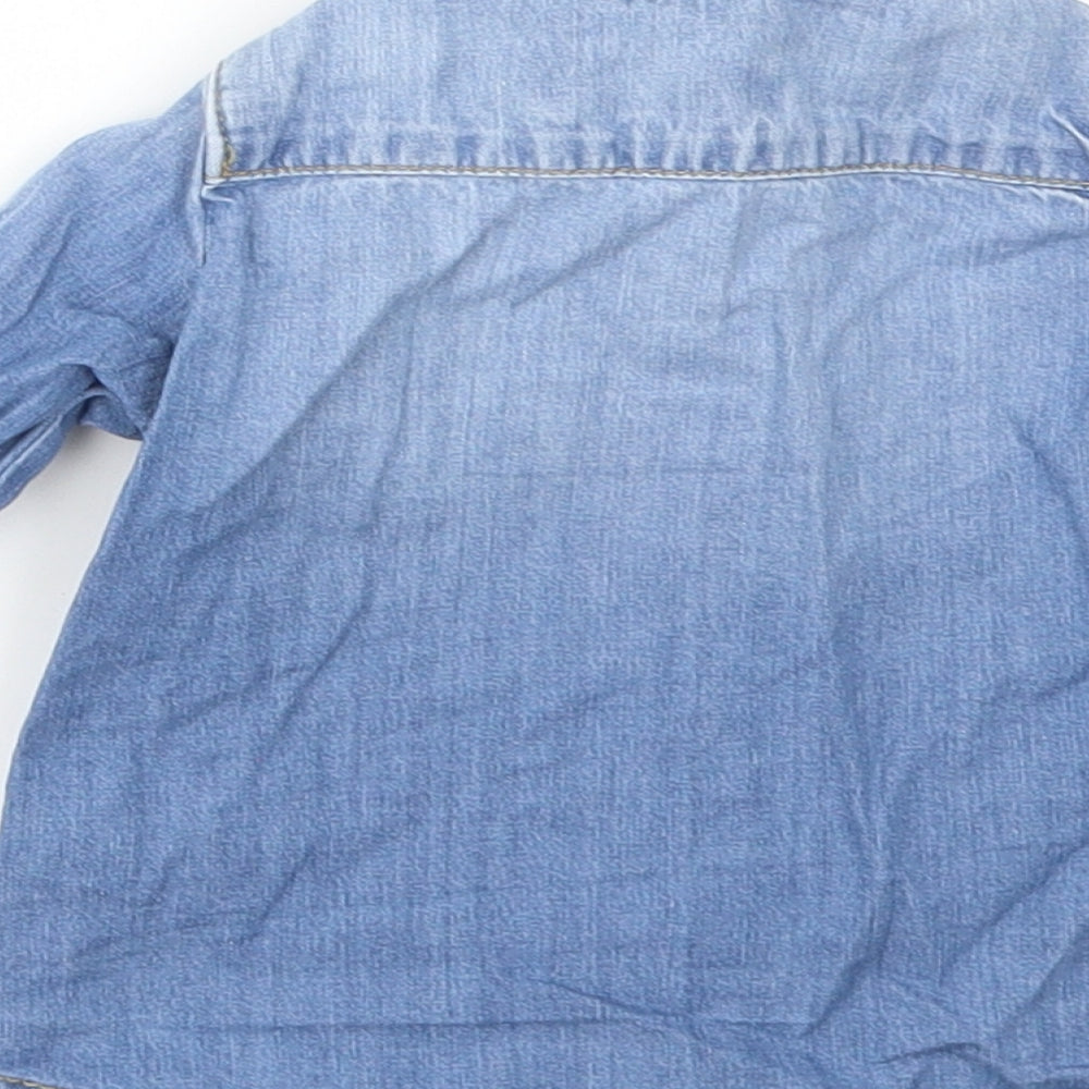 Brand and care label for Denim & Co. girls’ blue basic coat jacket, size 3-6, months