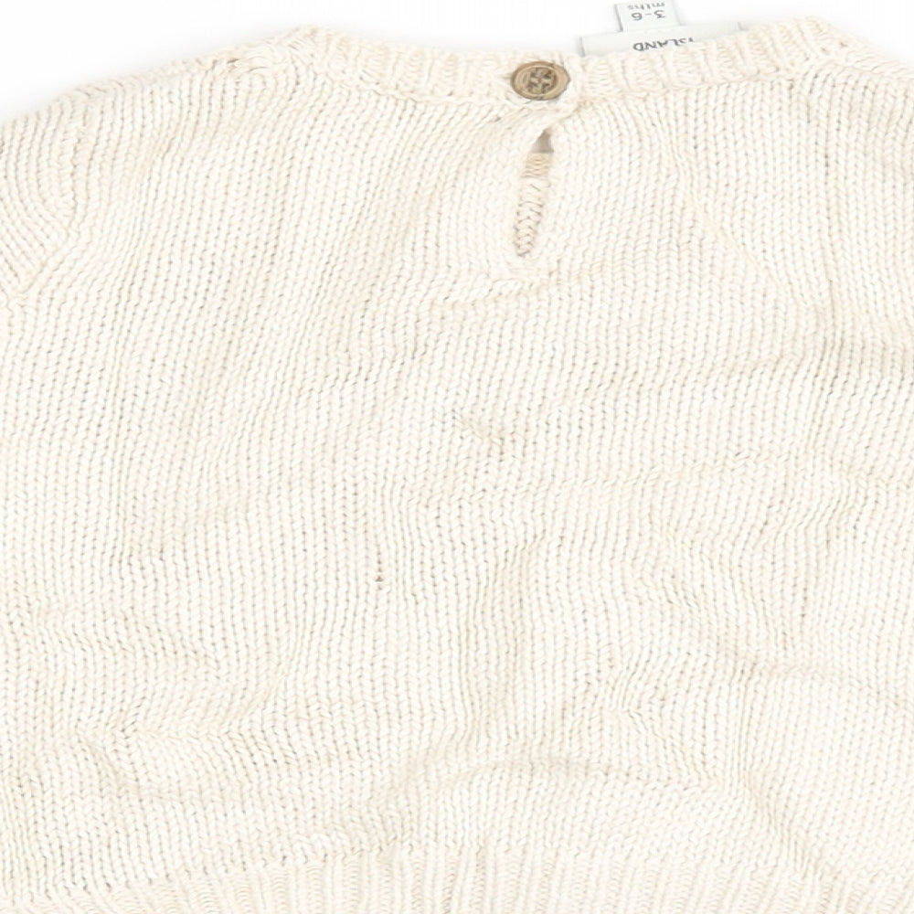 Brand and care label for River Island boys’ ivory striped henley jumper, size 3-6, months