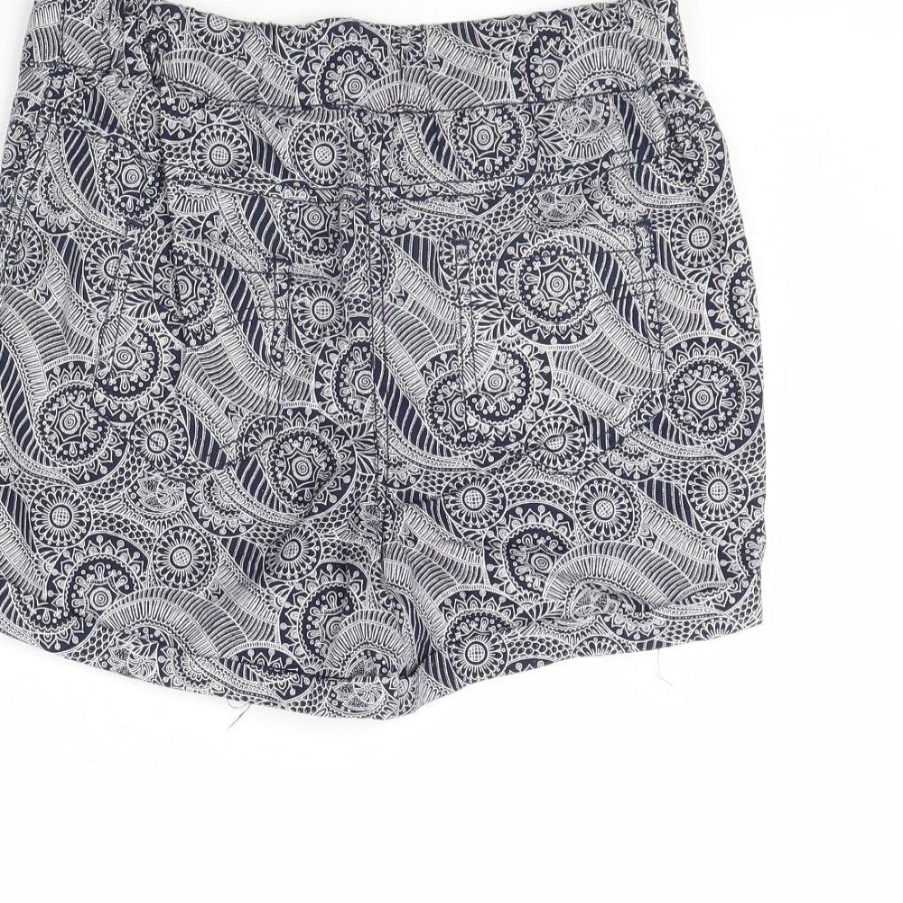 Brand and care label for Atmosphere women’s blue fair isle bermuda shorts, size UK 8