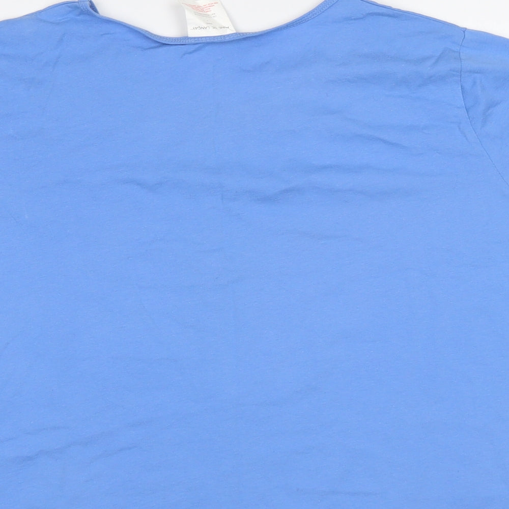 Brand and care label for Anne De Lancay women’s blue basic t-shirt, size L
