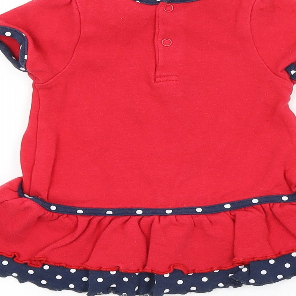 Brand and care label for Preworn girls’ red spotted basic blouse, size 3-6, months