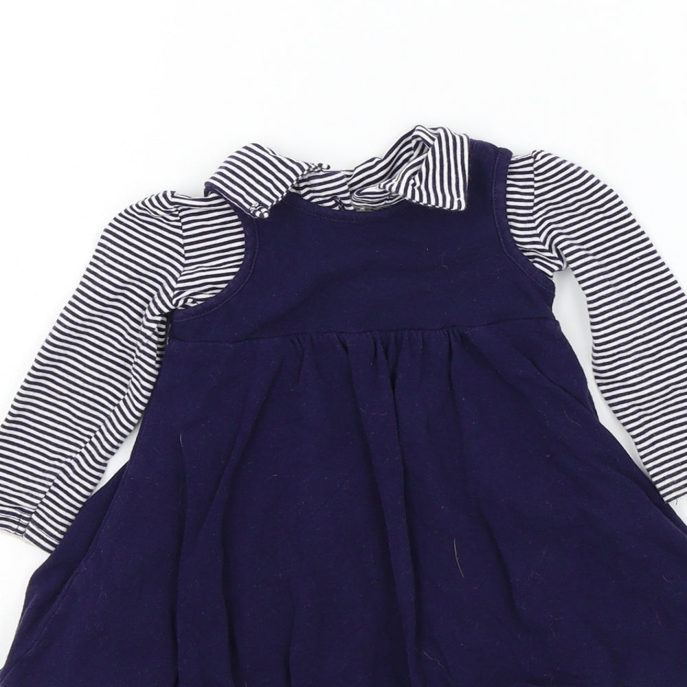 Brand and care label for Earlydays girls’ blue colourblock fit & flare, size 9-12, months