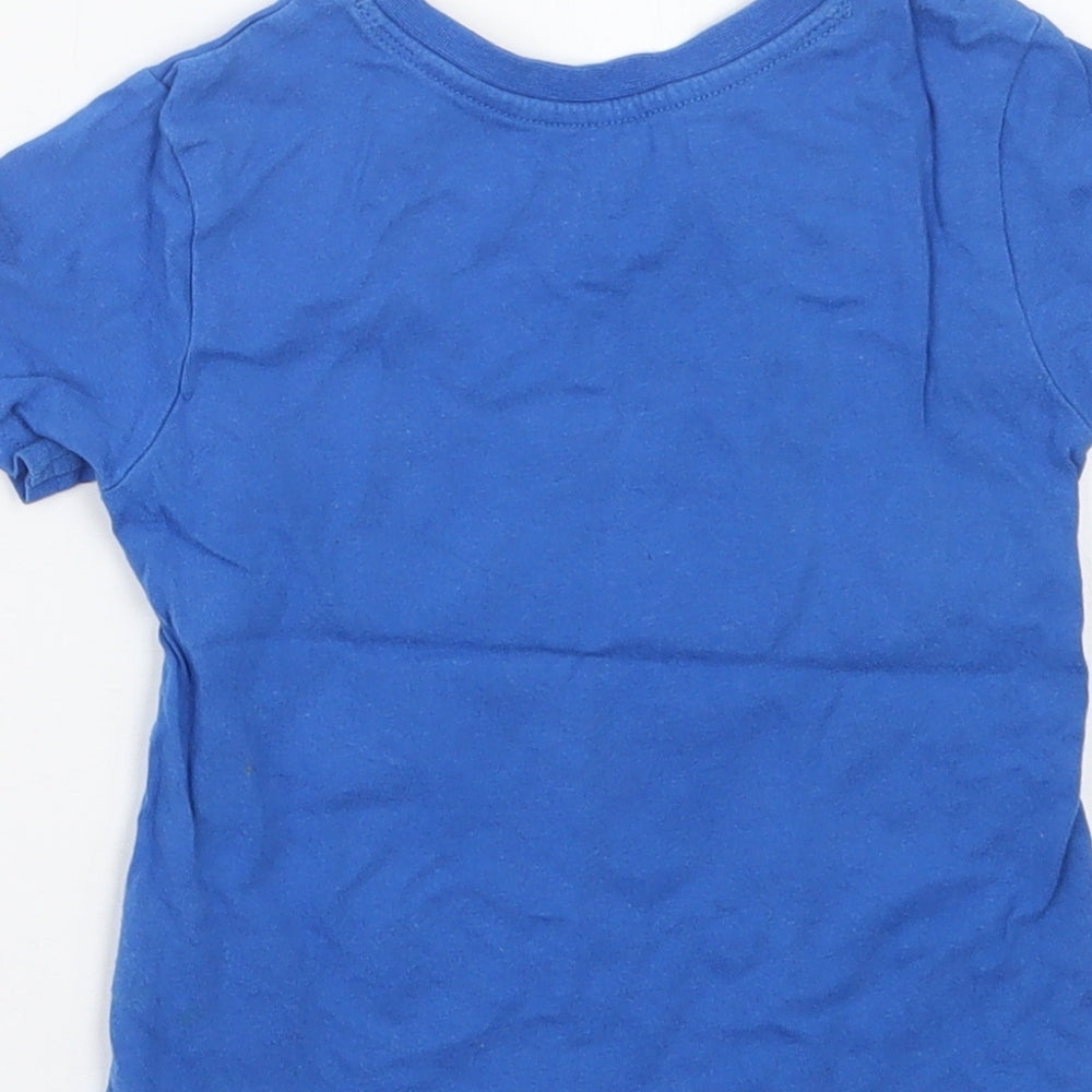 Brand and care label for Rebel boys’ blue basic t-shirt, size 12-18, months