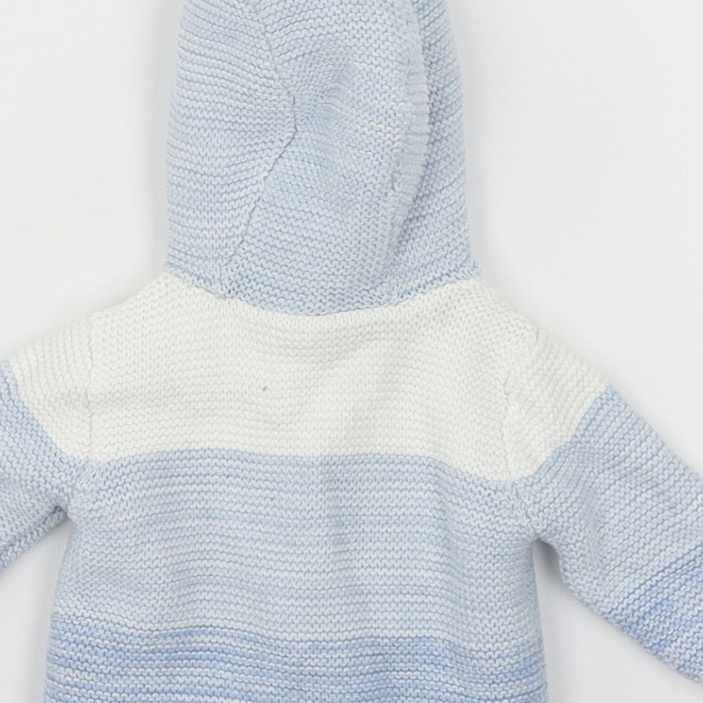 Brand and care label for Mothercare boys’ white striped knit cardigan jumper one size
