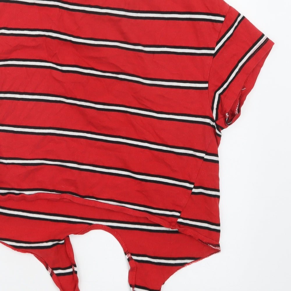 Brand and care label for New Look girls’ red striped cropped t-shirt, size 10-11, years