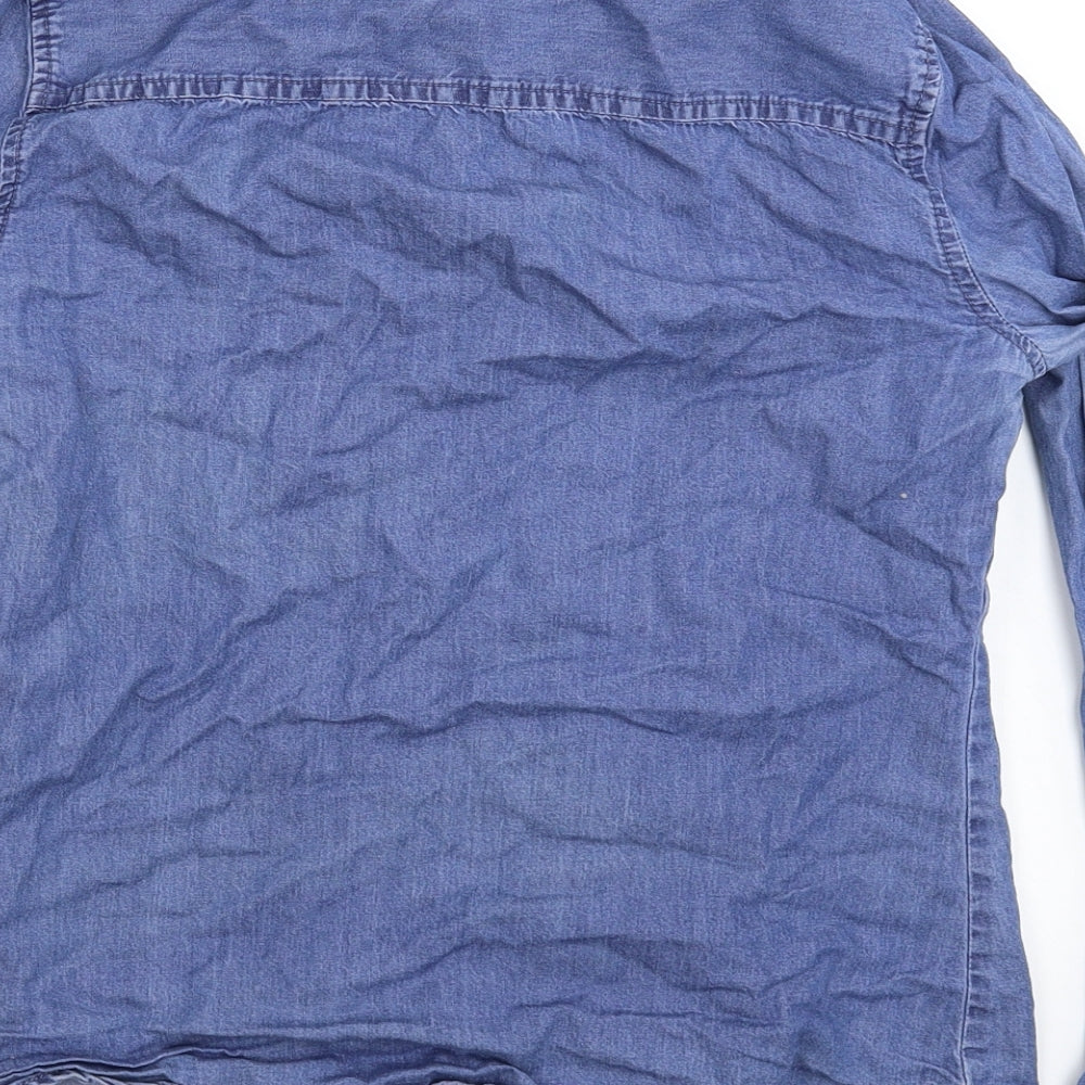 Brand and care label for Denim & Co. women’s blue denim basic button-up, size UK 8
