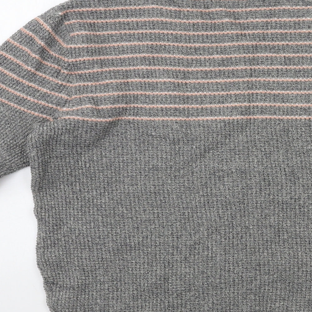 Brand and care label for ASOS men’s grey striped knit jumper, size S