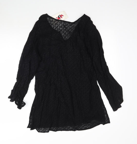WOW Womens Black Mesh Fit & Flare Size S - Flower embroidery short Dress/Long top