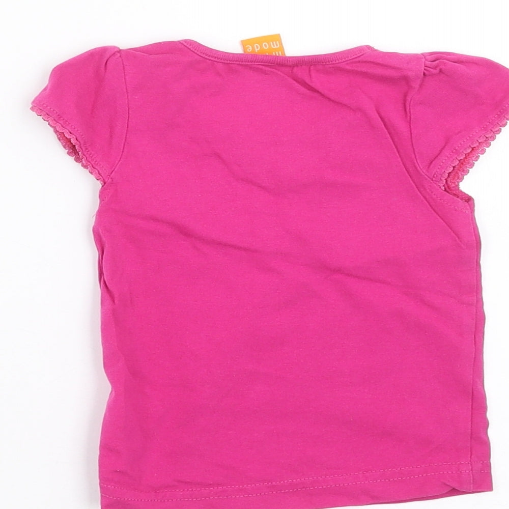 Brand and care label for MINIMODE girls’ pink basic t-shirt, size 6-9, months