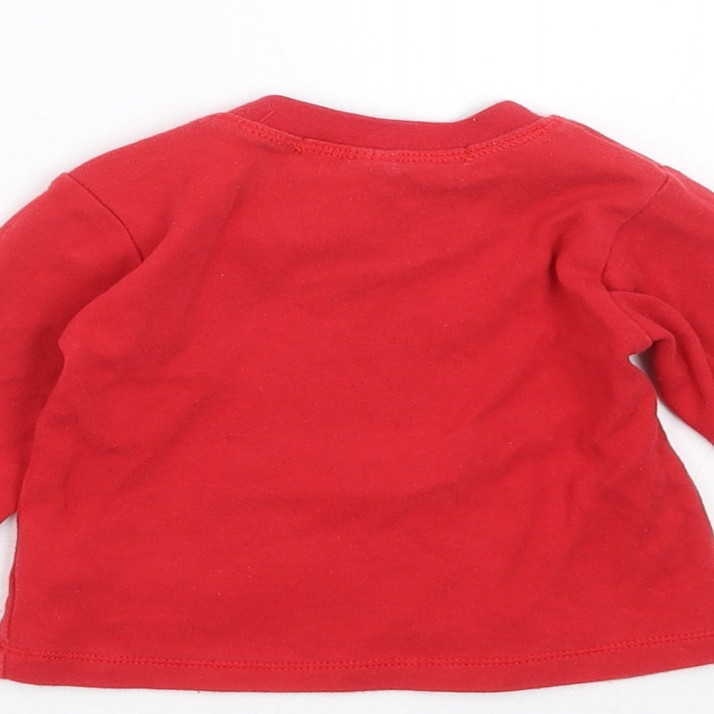 Brand and care label for BabyBugz girls’ red jumper, size 3-6, months