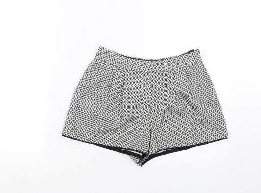 Additional front view of Miss Selfridge women’s black geometric hot pants shorts, size UK 8