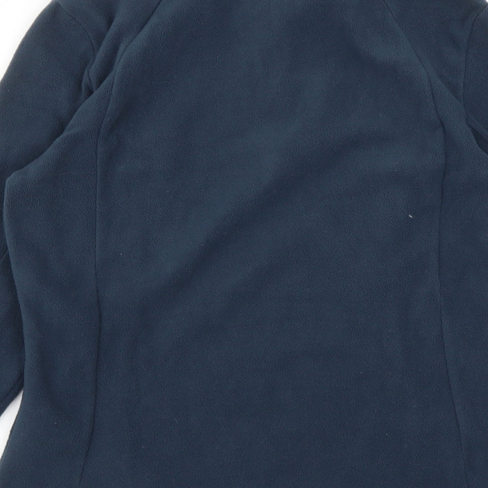 Brand and care label for Quechun women’s blue pullover sweatshirt, size M
