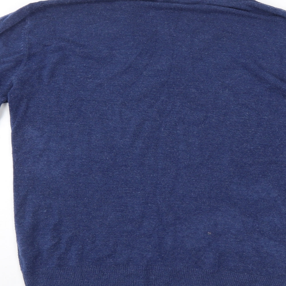 Brand and care label for Easy men’s blue jumper, size M