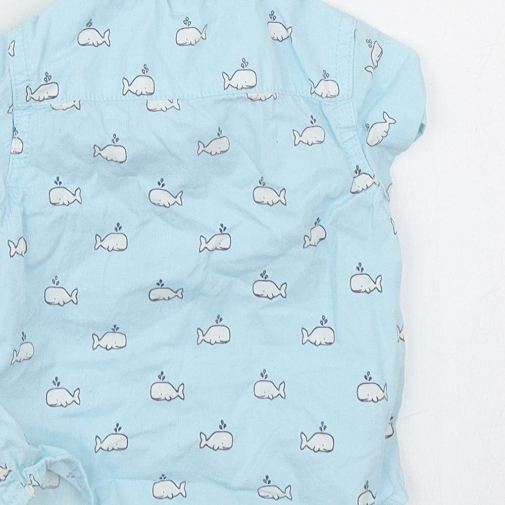 Brand and care label for John Lewis boys’ blue spotted basic button-up, size 0-3, months - whale print