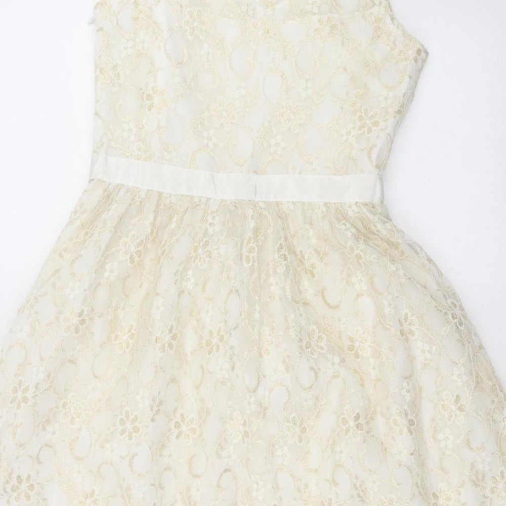 Brand and care label for Be Beau women’s gold floral fit & flare, size UK 8