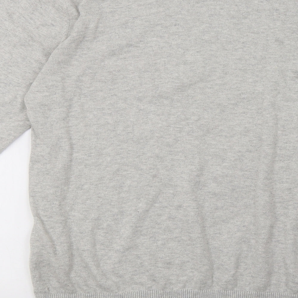 Brand and care label for georhge men’s grey knit pullover sweatshirt, size M