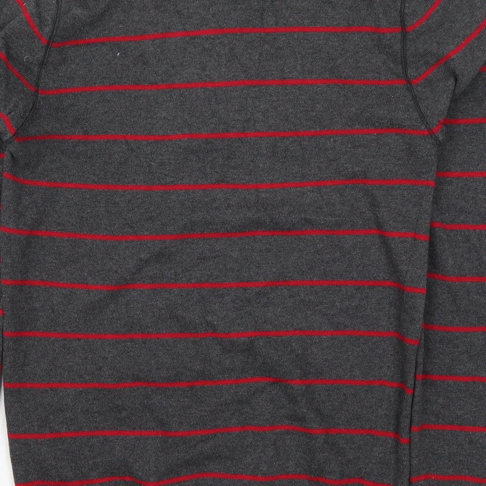 Brand and care label for Easy men’s grey striped knit jumper, size S, - red