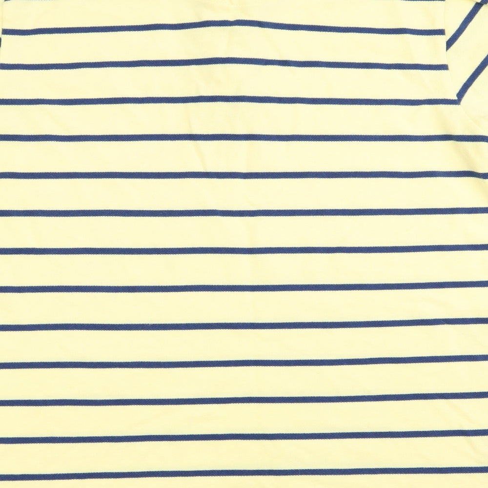 Brand and care label for Easy men’s multicoloured striped polo, size M