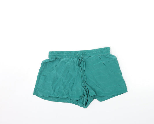 Additional front view of French Connection women’s green hot pants shorts, size UK 6