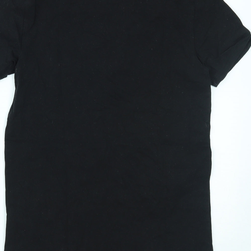 Brand and care label for ASOS women’s black basic t-shirt, size S