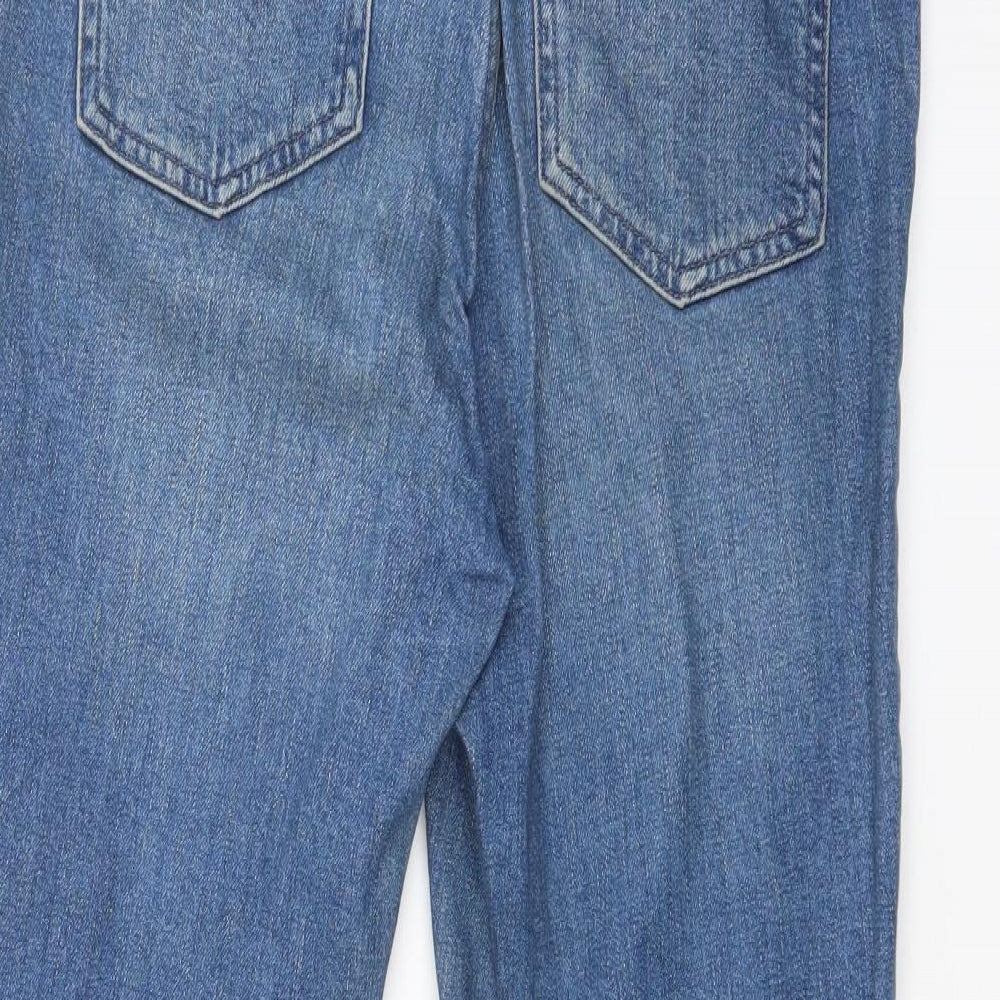 Brand and care label for ASOS women’s blue straight jeans, size UK 28, in, 30-inch leg