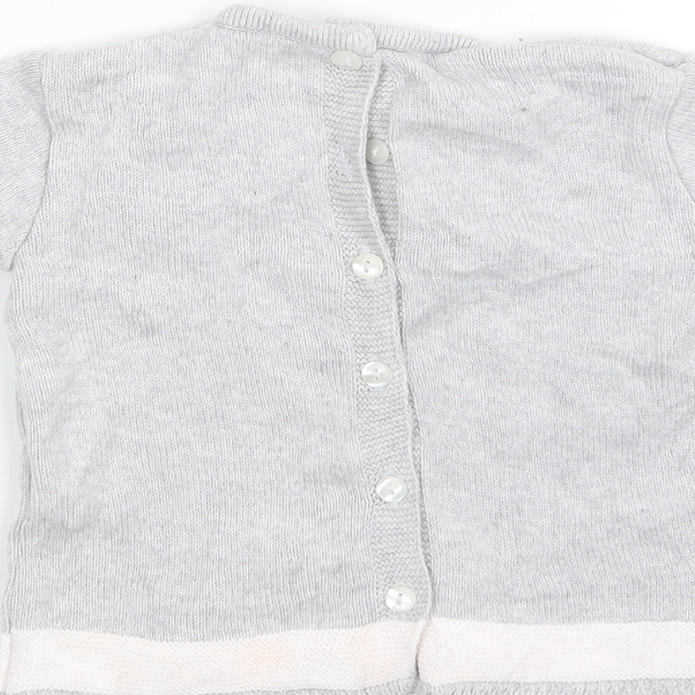 Brand and care label for Preworn girls’ grey knit jumper, size 12-18, months