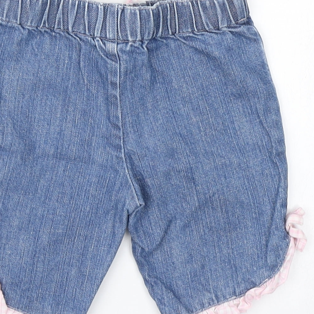 Brand and care label for Starting Out girls’ blue denim cropped jeans, size 9, months