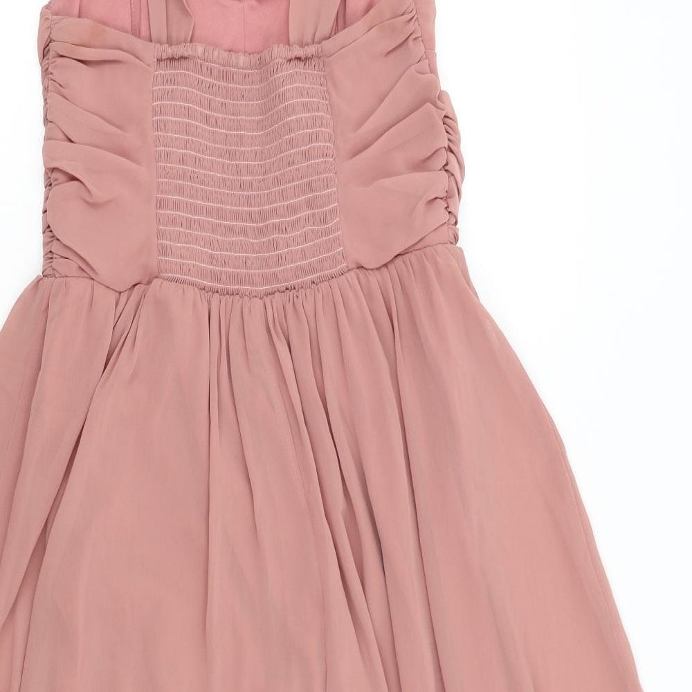 Brand and care label for ASOS women’s pink fit & flare, size UK 10