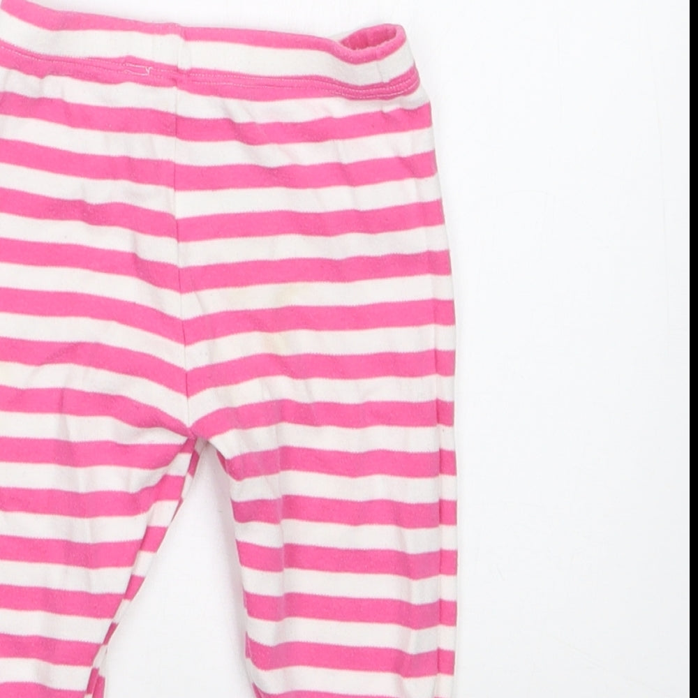 Brand and care label for Mothercare girls’ pink striped capri trousers, size 6-9, months