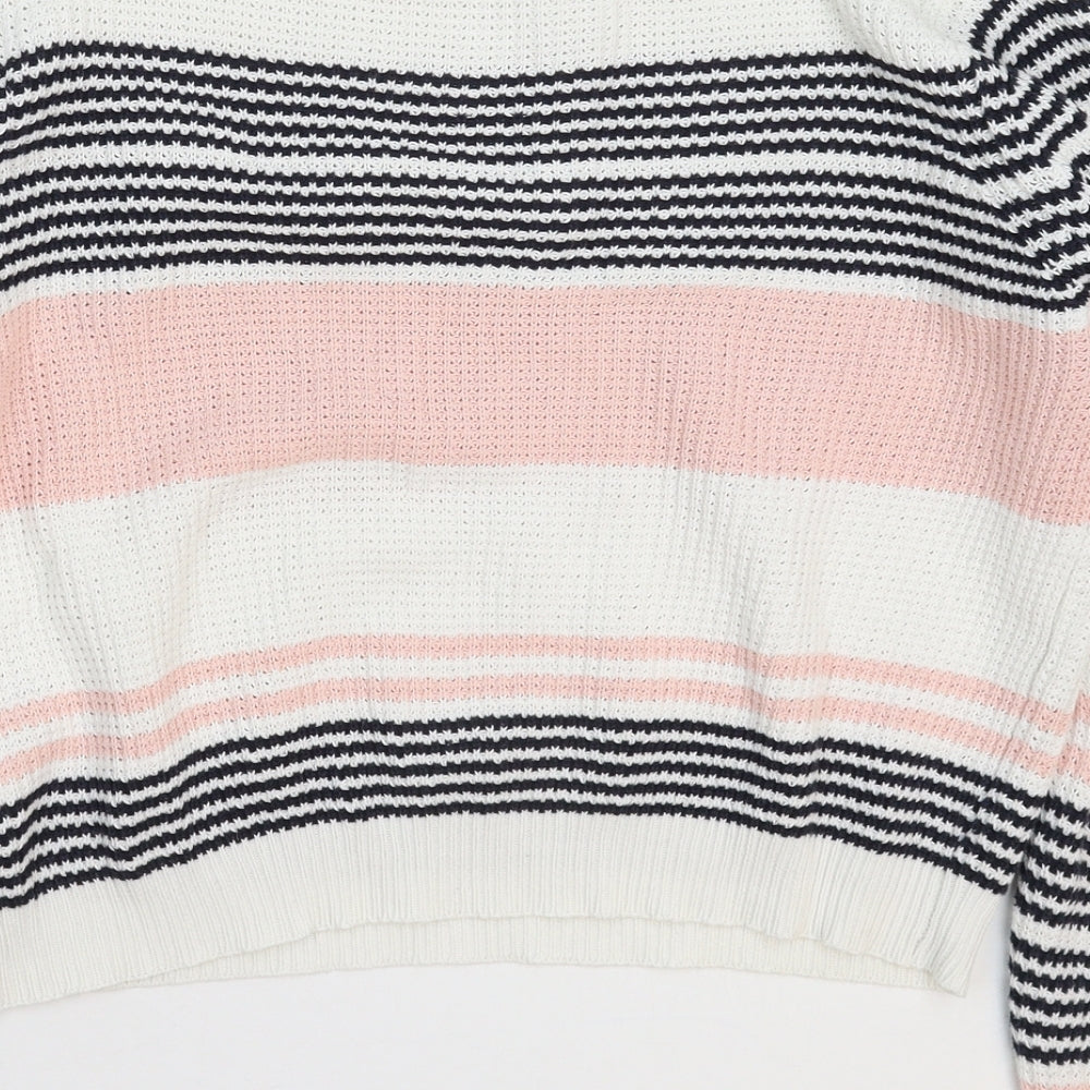Brand and care label for Atmosphere women’s white striped knit jumper, size UK 12