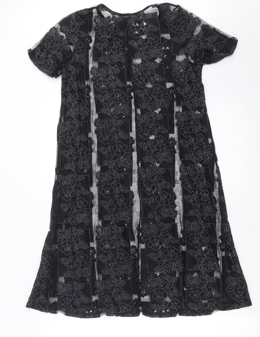 Lola Skye Womens Black Floral T-Shirt Dress Size 8 - Sheer panels