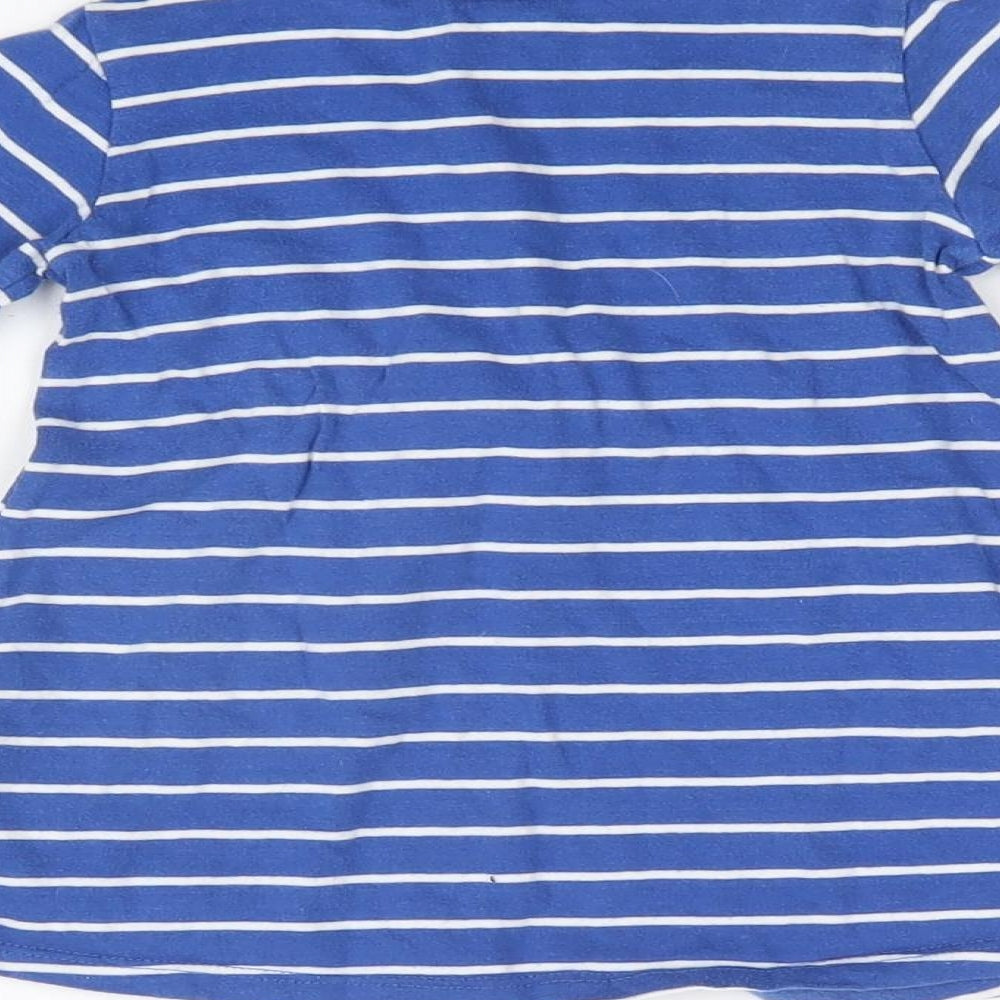 Brand and care label for H&M girls’ blue striped t-shirt dress, size 6-9, months