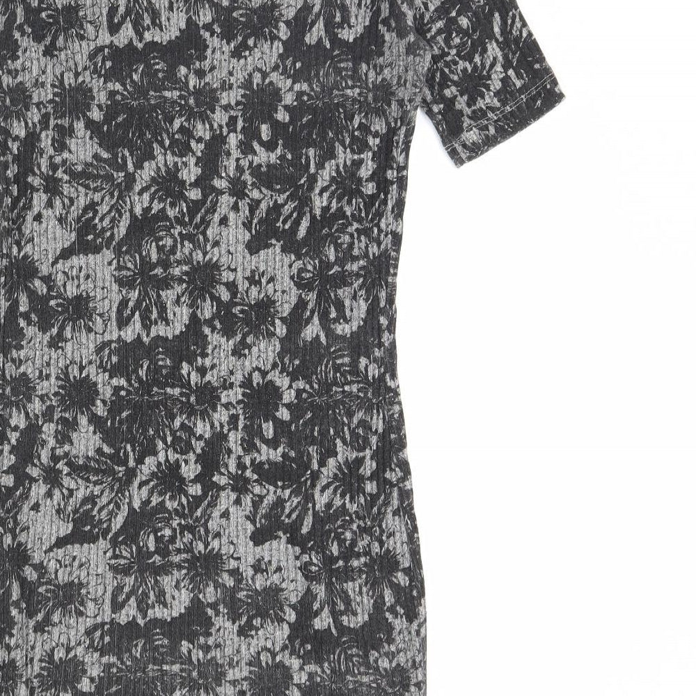 Brand and care label for ASOS women’s grey floral mini, size UK 12