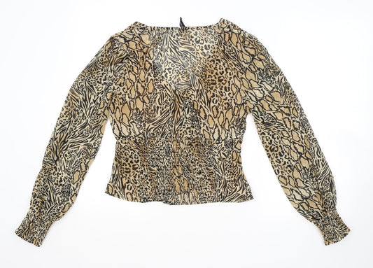H&M Womens Brown Animal Print Basic Button-Up Size 10