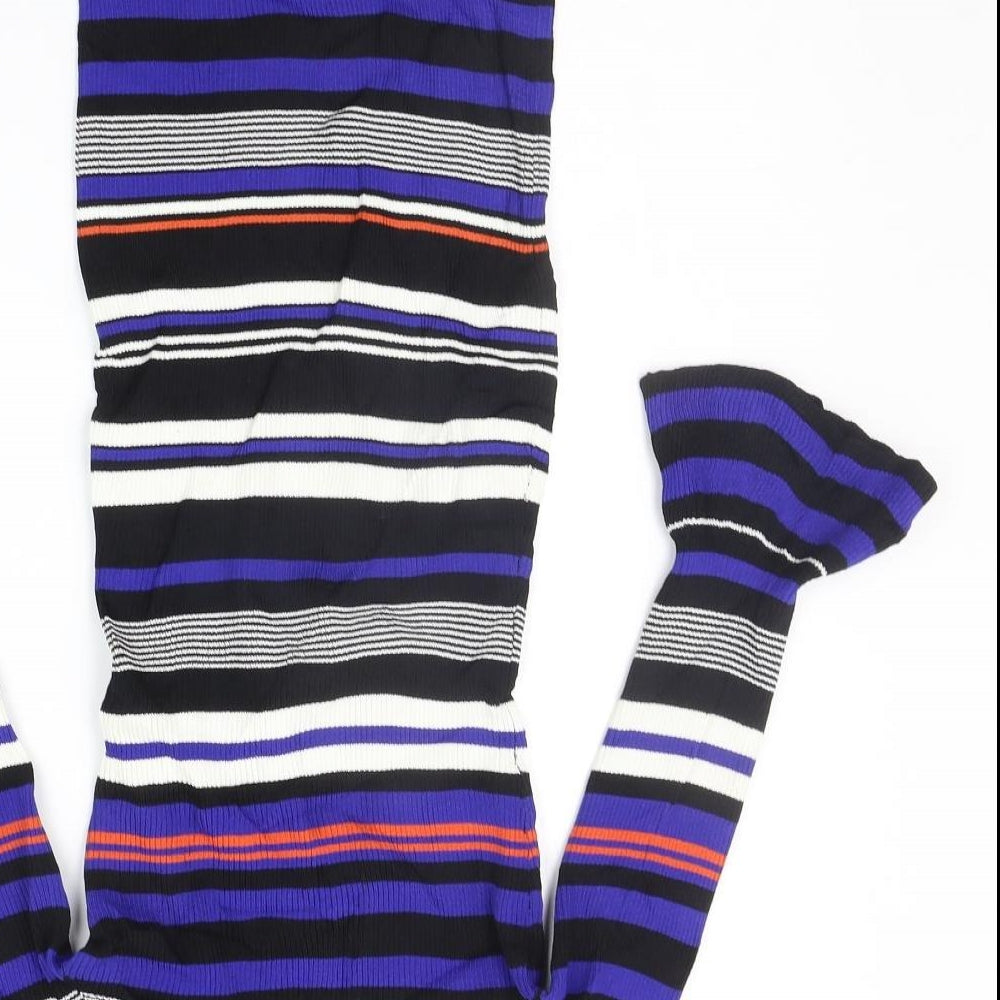 Brand and care label for Miss Selfridge women’s blue striped a-line, size UK 10