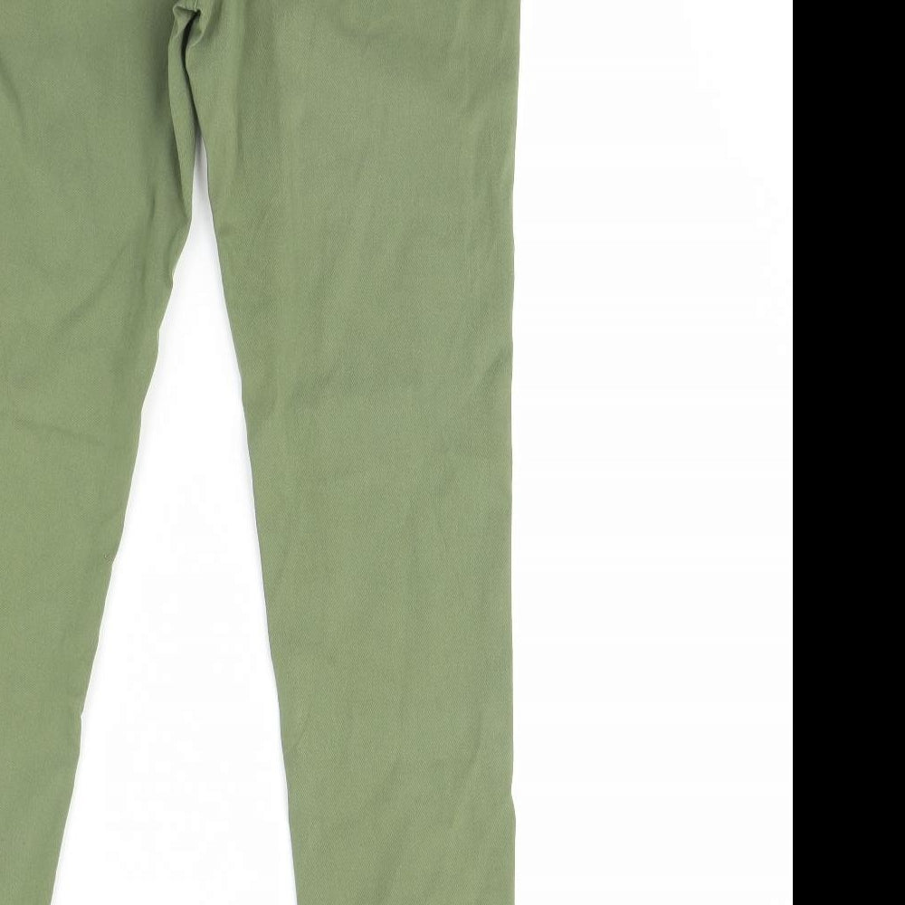 Brand and care label for tru women’s green denim skinny jeans, size UK 10, 30-inch leg