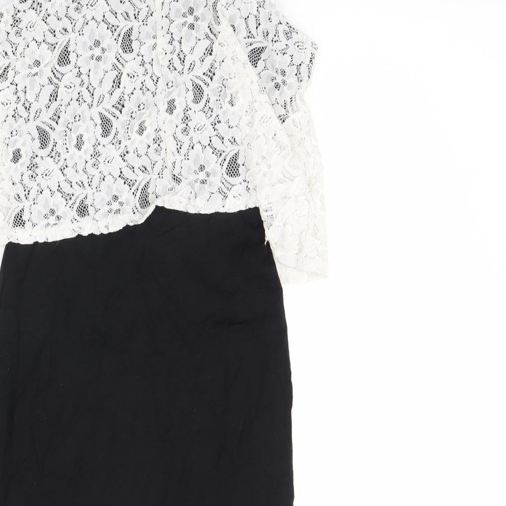 Brand and care label for Miss Selfridge women’s black mini, size UK 6