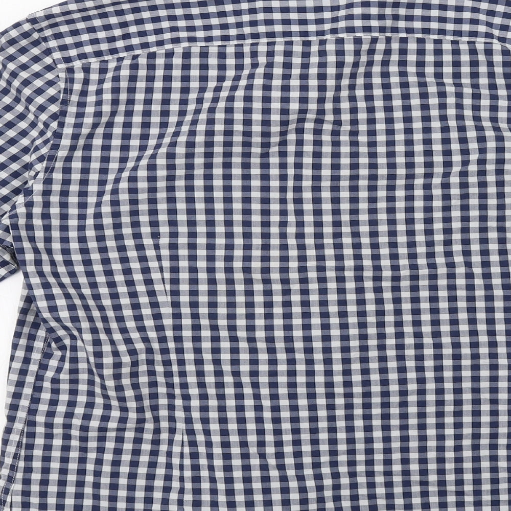 Brand and care label for ASOS men’s blue check button-up, size L